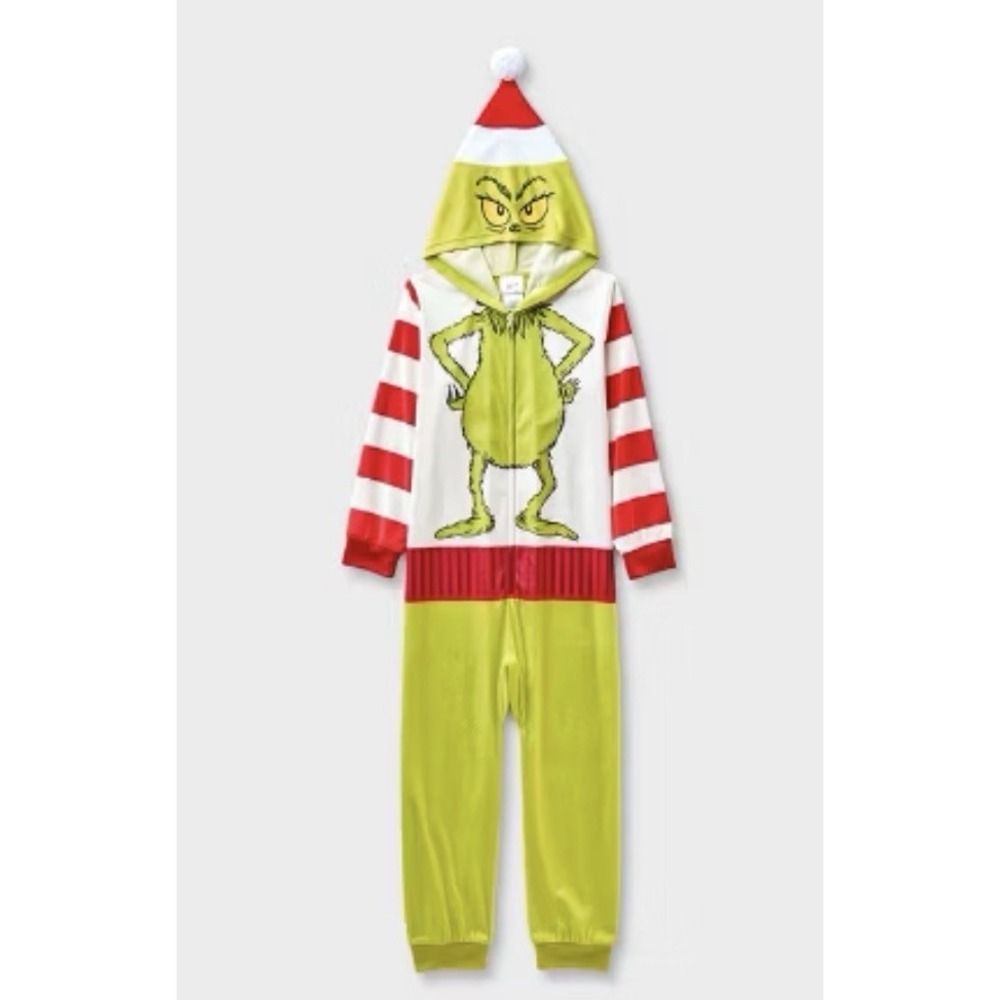 Grinch One Piece Pajamas Union Suit Boys Girls Christmas Kids M(8). See Desc!